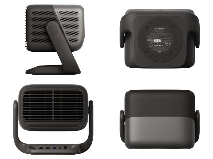 Bağlantı noktalarını ve çok açılı görünümleri gösteren Jmgo N3 Ultimate projektör tasarımı