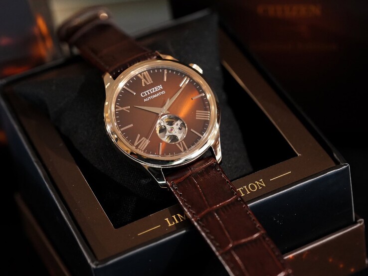 The Citizen "Autumn Light" saat, koyu renkli, zarif bir sunum kutusunun içindeki açık renkli bir yastığın üzerinde duruyor. Kutunun iç kenarında "LIMITED EDITION" yazan altın rengi harfler bulunuyor.