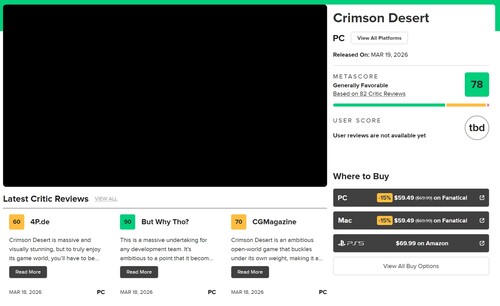 Crimson Desert Metacritic'te gösterilen Metascore
