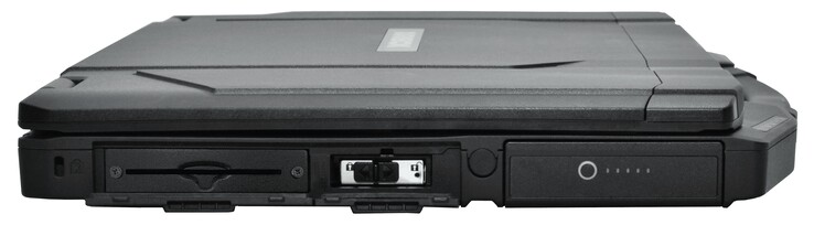 Genişletme yuvası (bu örnekte isteğe bağlı Akıllı Kart okuyucu ile), NVMe SSD modülü yuvası, Pil