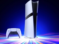 DualSense kumandalı, dikey bir stand üzerinde duran Sony PlayStation 5 Pro konsolu