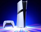DualSense kumandalı, dikey bir stand üzerinde duran Sony PlayStation 5 Pro konsolu