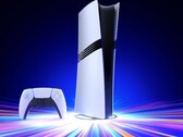 DualSense kumandalı, dikey bir stand üzerinde duran Sony PlayStation 5 Pro konsolu