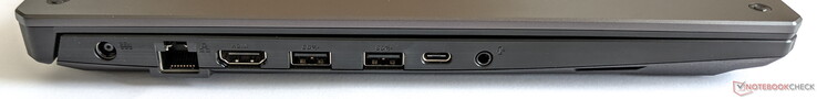 Sol taraf: Güç kaynağı, Gigabit LAN, HDMI 2.0b, 2x USB-A 3.2 Gen. 2, 1x USB-C 3.2 Gen. 2, birleşik ses jakı