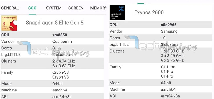 Test edilen Galaxy S26 Ultra (sağda) ve S26'nın (solda) SoC ayrıntılarını gösteren ekran görüntüleri