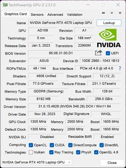 GPU-Z GeForce RTX 4070 Dizüstü Bilgisayar