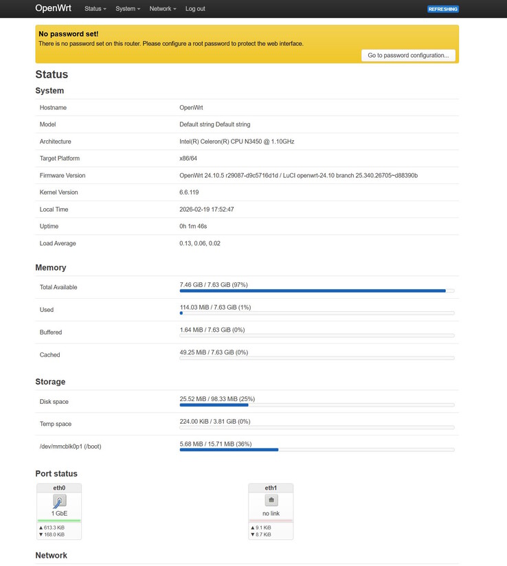 OpenWRT'ye tarayıcı üzerinden giriş yaptık - yeni bir şifre belirlemeyi unutmayın
