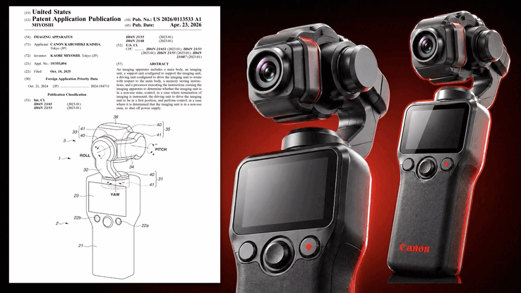 Canon'un Nisan 2026 patenti (solda) ve 3 eksenli gimbal görselleri (sağda). Yeni planlar sabit lenslerin taşınabilirliğine ve akıllı güç yönetimine öncelik veriyor.