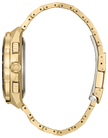 Citizen Promaster Skyhawk A-T JY8144-50E modelinin yan profili; büyük altın rengi paslanmaz çelik kasası, kurma kolu ve entegre bileziği gösterilmektedir.