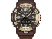G-Shock Mudmaster GG-B100XMH-5A modelinin açık sarı altın ve kahverengi kasası ile çerçevesini gösteren yakın çekim fotoğrafı.