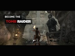 Lara Croft'un ekrandaki dokunmatik kontrollerle tapınak kalıntılarını keşfettiğini gösteren iPhone veya iPad'de çalışan Tomb Raider oyunu