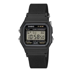 Siyah kasalı ve siyah dokuma kayışlı Casio F-91WF-1A dijital saat.