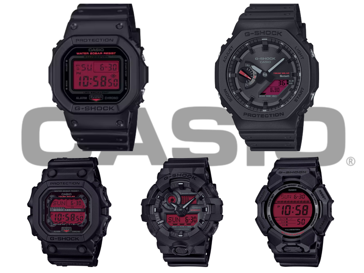 Resimde, sol üstten saat yönünde: Casio DW-5600BBR-1, GA-B2100BBR-1A, GD-010BBR-1JF, GA-700BBR-1AJF ve GX-56BBR-1A - orijinal 