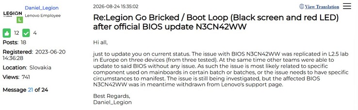 Legion Go BIOS sorunlarıyla ilgili güncelleme. 