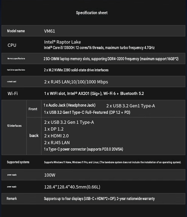 Mini PC'nin tam teknik özellikleri (makine çevirisi)