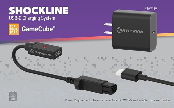 GameCube için Hyperkin Shockline Kiti, 45 W'lık bir USB-C adaptörüyle birlikte gelir.
