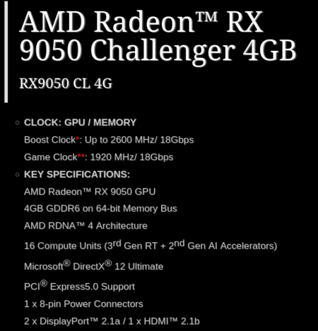 RX 9050 Challenger 4GB ürün özellikleri sayfasının ekran görüntüsü