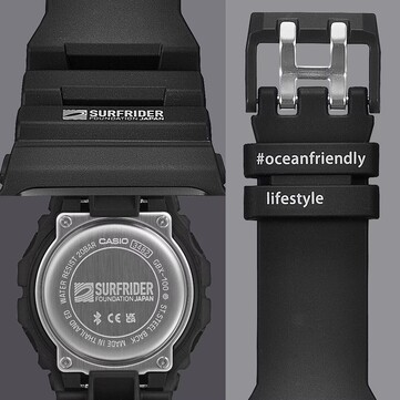 İnce tasarım detayları arasında paslanmaz çelik kasa arkasındaki Surfrider Foundation Japan logosu ve kayış halkasındaki #oceanfriendlylifestyle sloganı yer alıyor.