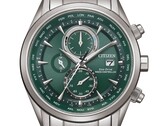 Yeşil kadranlı, paslanmaz çelik kasa ve bilezikli, üç alt kadranlı ve dünya saati ölçeğine sahip Citizen World Chronograph A.T. AT8260-85X saat.