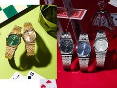 Casio’nun MTP-B146 koleksiyonunu gösteren tanıtım görseli; koleksiyonda siyah, açık mavi, yeşil ve şampanya rengi kadranlara sahip gümüş ve altın tonlu paslanmaz çelik saatler yer almakta olup, her bir saatin 12 saat konumunda kavisli bir gün göstergesi bulunmaktadır.