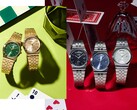 Casio’nun MTP-B146 koleksiyonunu gösteren tanıtım görseli; koleksiyonda siyah, açık mavi, yeşil ve şampanya rengi kadranlara sahip gümüş ve altın tonlu paslanmaz çelik saatler yer almakta olup, her bir saatin 12 saat konumunda kavisli bir gün göstergesi bulunmaktadır.