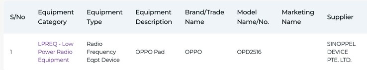 IMDA'nın model numarası "OPD2516" olan Oppo tabletine ilişkin listesi.