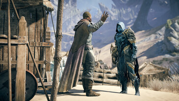 Atlas Fallen: Reign of Sand oyununda iki karakteri gösteren bir görsel.