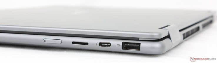 Sağ tarafta: Güç düğmesi, MicroSD okuyucu, Thunderbolt 4 ile USB-C 4.0, DisplayPort 2.1 + Güç Dağıtımı 3.0, USB-A 3.2 Gen. 1