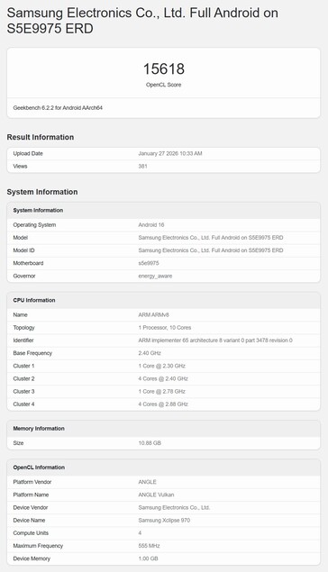 Geekbench OpenCL testinde sözde bir Exynos 2700 testi.