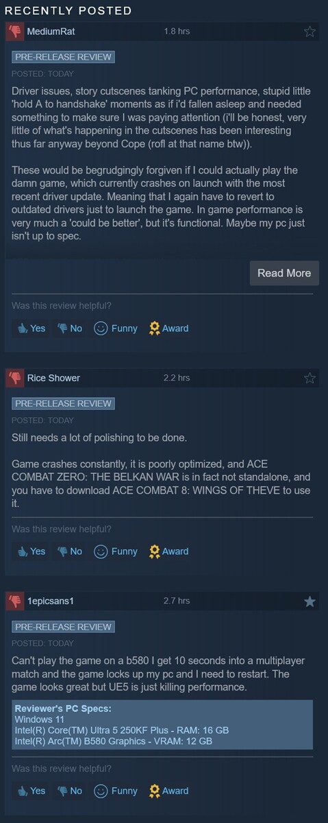 Ace Combat 8: Wings of Theve için olumsuz Steam incelemeleri gösteriliyor