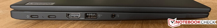 Sol: 2x USB-C 4.0 (40 GBit/s, Power Delivery 3.0, DisplayPort Alt Mode 1.4), HDMI 2.1, USB-A 3.2 Gen.1 (5 GBit/s, güçlendirilmiş), 3,5 mm ses