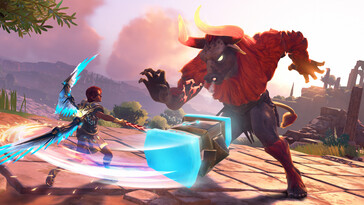 Immortals Fenyx Rising'de bir minotora karşı savaşı gösteren bir görüntü.
