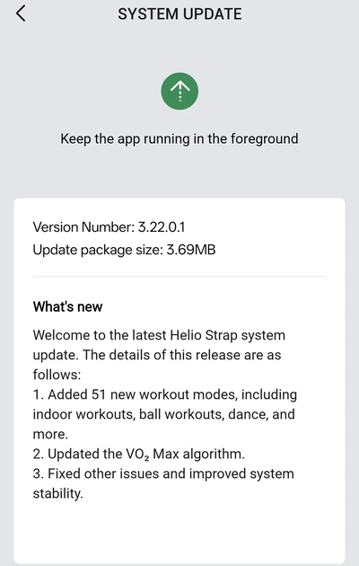 Amazfit Helio Strap için sürüm notları, v3.22.0.1 güncellemesini almaktadır.