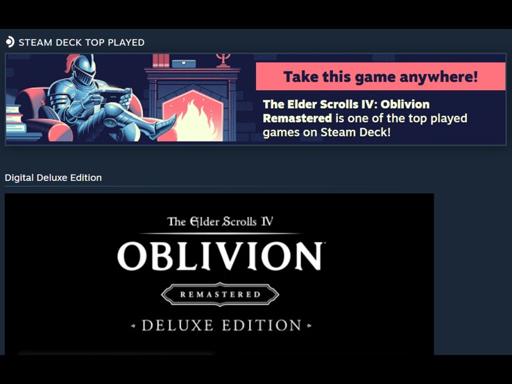 Steam Deck’te en çok oynanan oyunlardan biri olarak tanıtılan The Elder Scrolls IV: Oblivion Remastered’ın yer aldığı bir Steam reklam afişinin ekran görüntüsü.