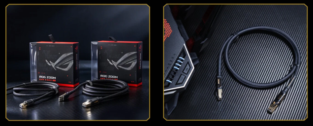 Asus ROG Zoom. Yüksek yoğunluklu örgülü kılıf, kabloyu aşınmaya ve çekilmeye karşı korurken RJ-45 konnektörlerde altın kaplama bakır ekranlama kullanılır.