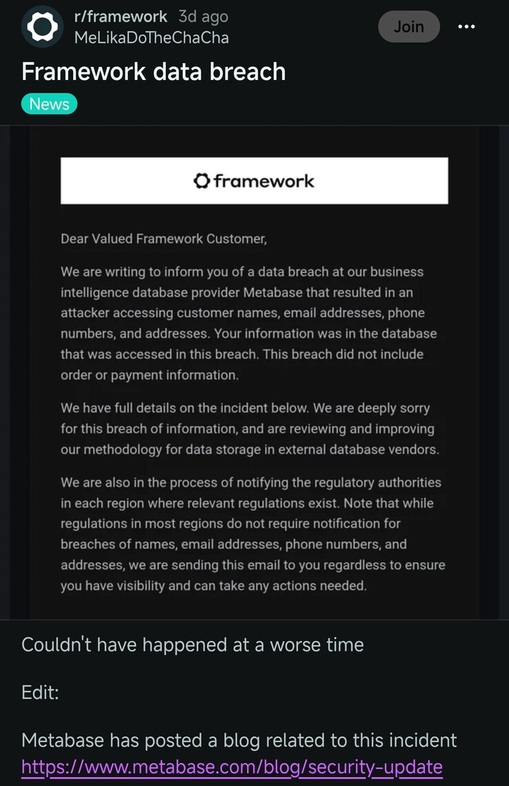 Framework tarafından açıklanan ihlalin ayrıntılarını içeren Reddit gönderisi