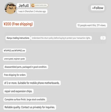 MT6993Z ve MT6995Z'nin Xianyu'daki listesi