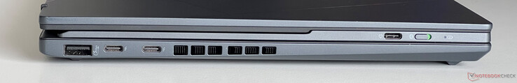 Sol: USB-A 3.2 Gen.1 (5 Gbit/s), Thunderbolt 4 ile 2x USB-C 4.0 (40 GBit/s, DisplayPort, Power Delivery), USB-C (Bluetooth klavyeyi şarj etmek için)