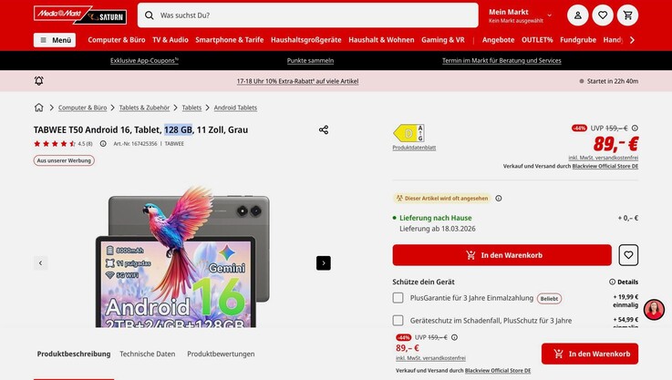 Tabwee T50, 6 GB RAM ve 128 GB depolama alanı ile birden fazla bölgede pazarlanmaktadır.