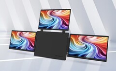 Resimde, ortadaki gövdenin yanlarında üç adet 1080p 15,6 inç ekranla çevrili Acer PD163Q-P3 taşınabilir monitör gösterilmektedir.