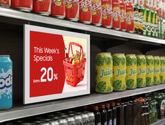 Pille çalışan Samsung EM13DX e-kağıt ekran, perakende uygulamalarında basılı tabelaların yerini alabilir. (Resim kaynağı: Samsung)