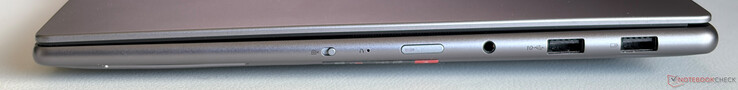 Sağ tarafta: Web kamerası eShutter, güç düğmesi, 3,5 mm stereo, 2x USB-A 3.2 Gen.2 (10 Gbps, 1x Always-on)