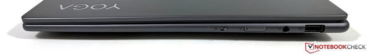 Sağ tarafta: Web kamerası eShutter, güç düğmesi, 3,5 mm ses jakı, USB-A 3.2 Gen 1 (5 GBit/s, güçlendirilmiş)