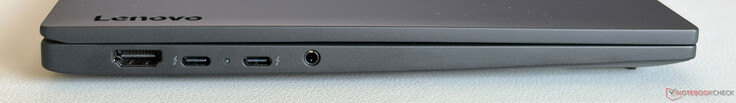Sol: HDMI 2.1, Thunderbolt 4 özellikli 2× USB-C 4.0 (40 Gbit/s, DisplayPort Alt Mode 2.1, Power Delivery 3.0), 3,5 mm ses girişi