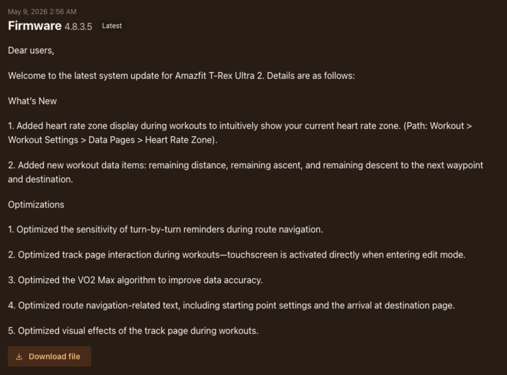 Amazfit T-Rex Ultra 2 akıllı saat için 3.8.0.5 aygıt yazılımı sürümünün sürüm notları