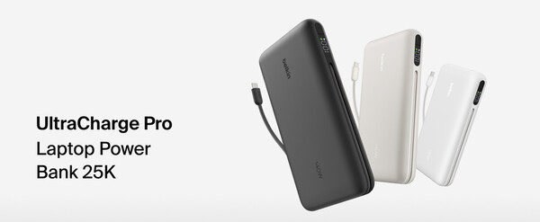 Belkin UltraCharge Pro Dizüstü Bilgisayar Güç Bankası 25K, yukarıdaki resimde üç renk seçeneği gösterilmesine rağmen yalnızca siyah renkte mevcuttur.