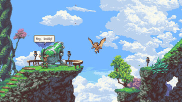 Owlboy'da Geddy ve Otus'u gösteren bir görüntü.