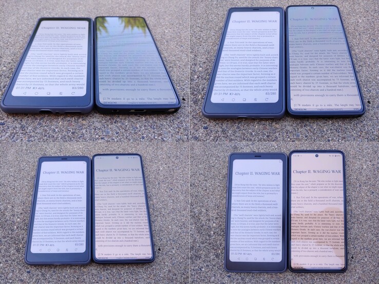 Kaleido vs OLED (~550 nit). Gölgeli öğleden sonra güneş ışığı.