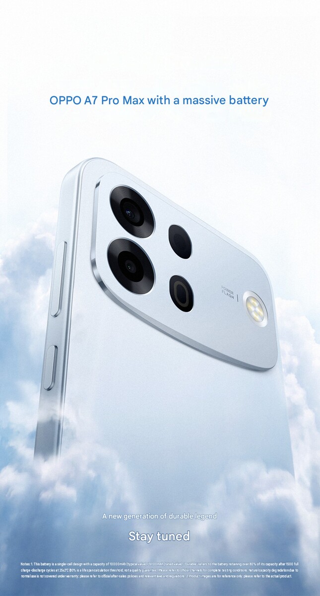 Oppo A7 Pro Max, 10.000 mAh bataryasıyla yakında piyasaya çıkacak.