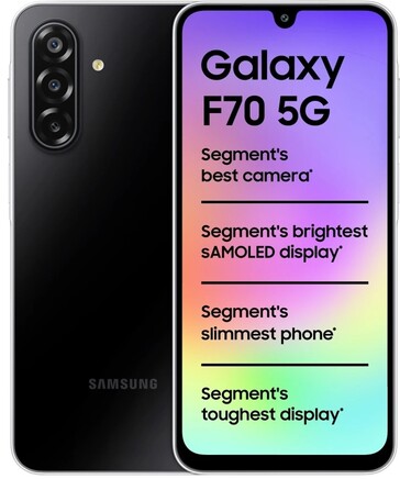 Önden ve arkadan gösterilen Bold Black renginde Samsung Galaxy F70 5G